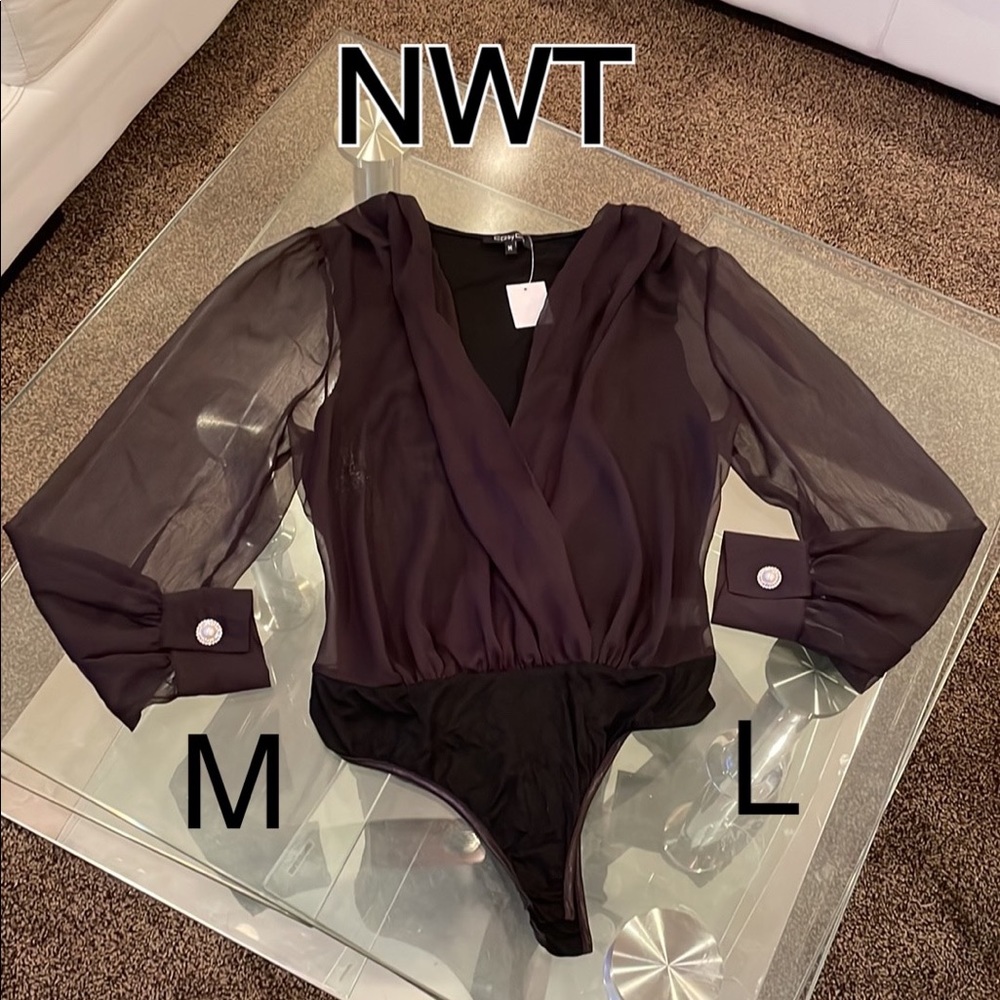 NWT M (or L)Bloomingdales CQ sheer long sleeve bodysuit black deep plunge /thong